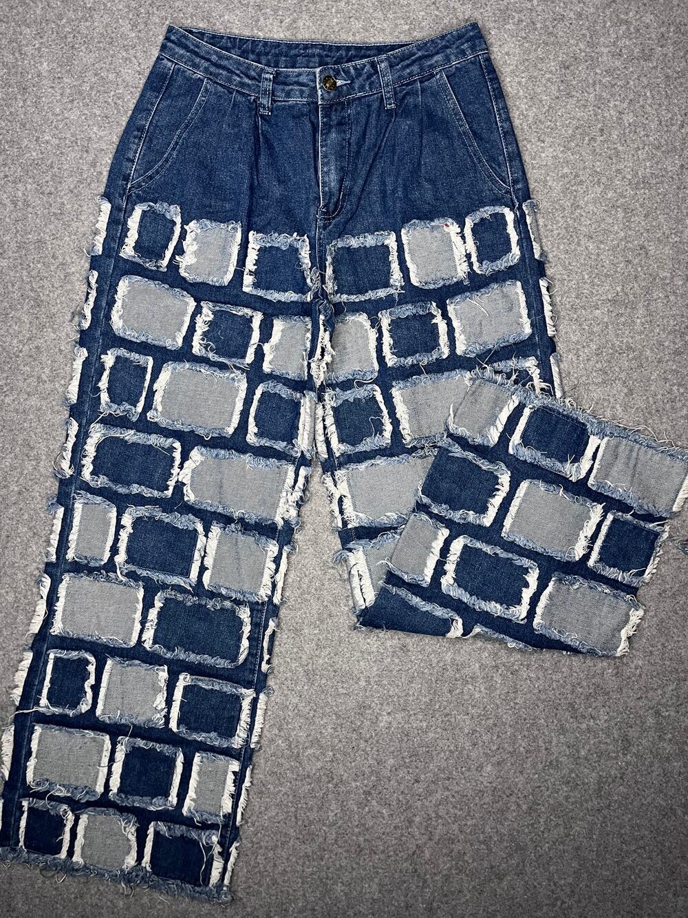 Allover Frayed Wide Leg Distressed Square Patchwork Denim Blue Jeans 28"